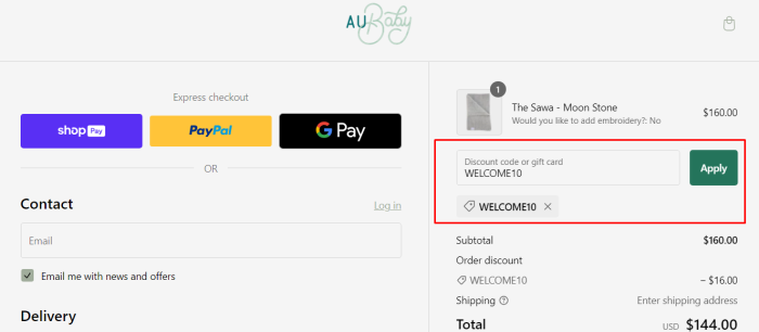 How to use AU Baby promo code