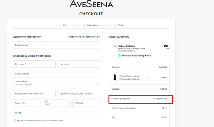 How to use AveSeena promo code