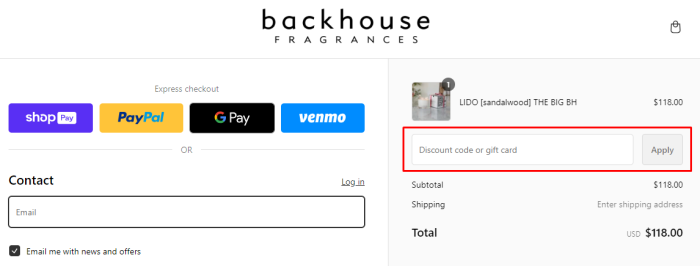 How to use Backhouse Fragrances promo code