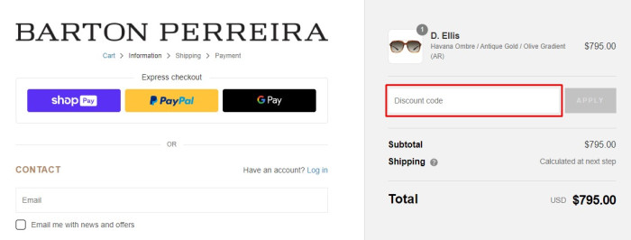 How to use Barton Perreira promo code