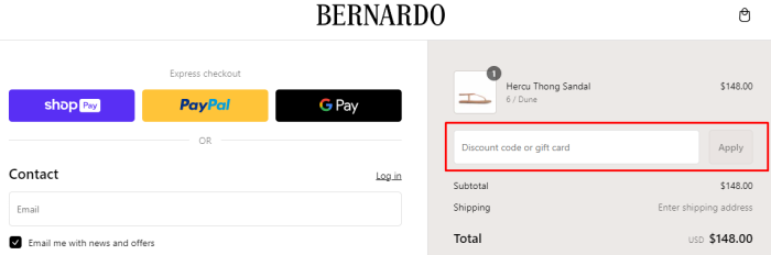 How to use Bernardo1946 promo code