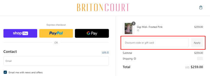 How to use Briton Court promo code