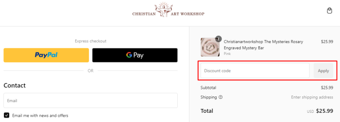 How to use Christian Art Workshop promo code