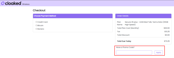 How to use Cloaked Wireless promo code
