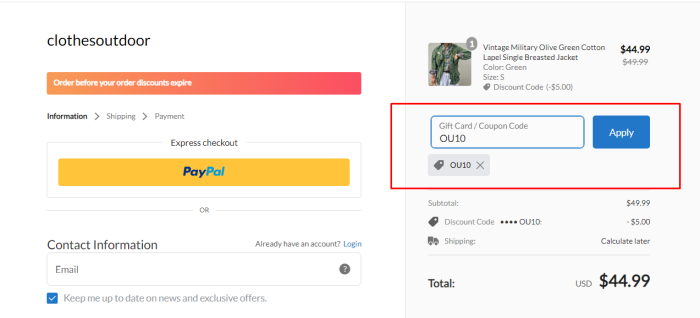 How to use Clothes Outdoor promo code