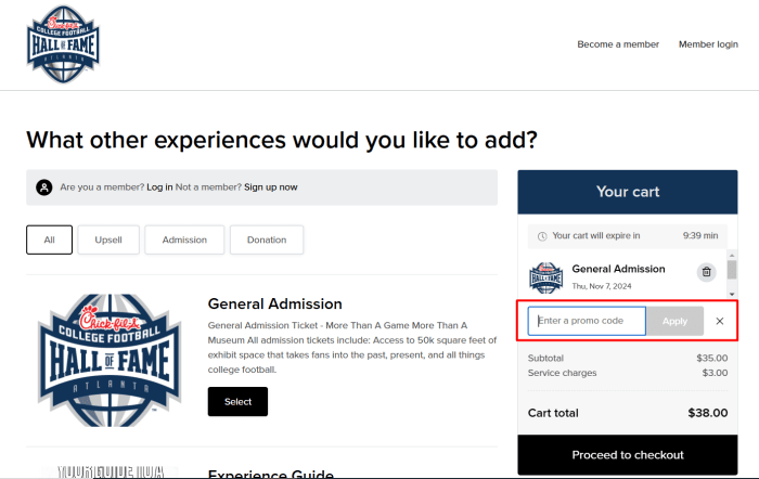 How to use College Football Hall of Fame promo code