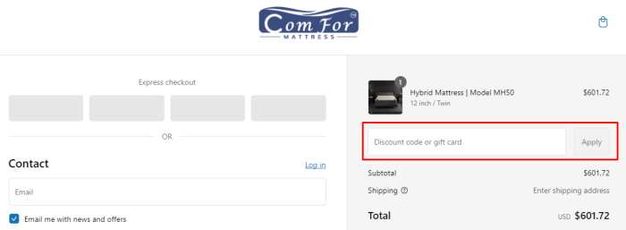 How to use ComForMattress promo code