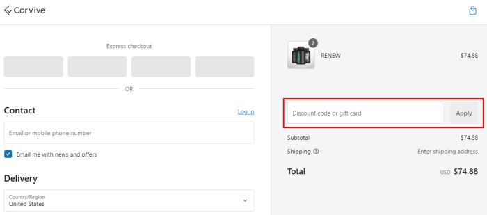 How to use CorVive promo code