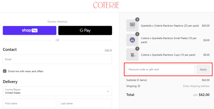 How to use Coterie Party promo code