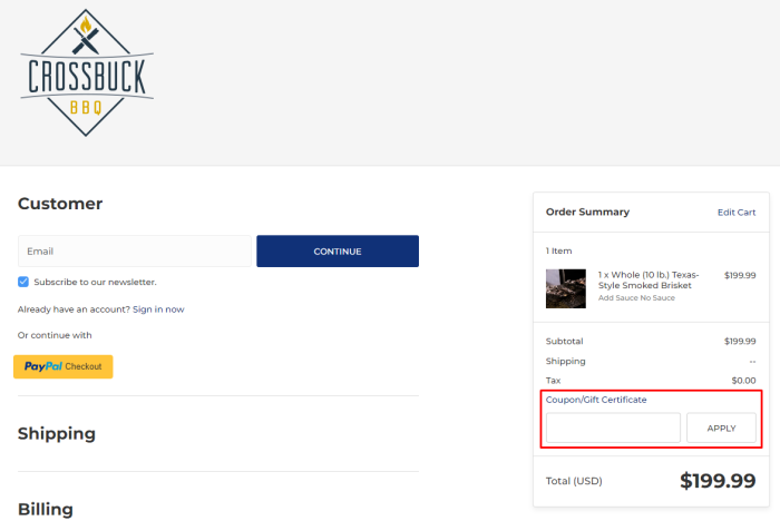 How to use Crossbuck BBQ promo code