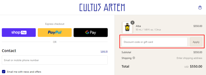 How to use Cultus Artem promo code