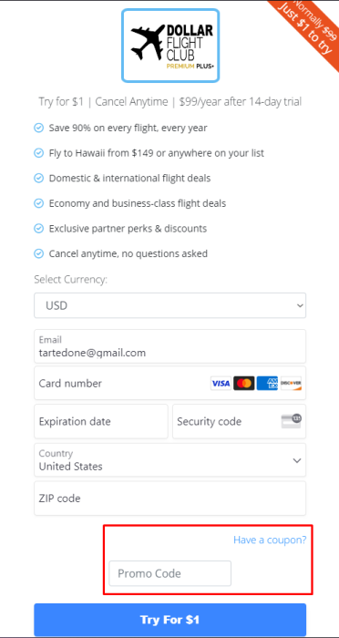 How to use Dollar Flight Club promo code