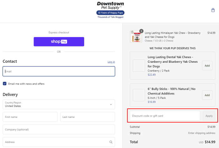 How to use Downtown Pet Supply promo code