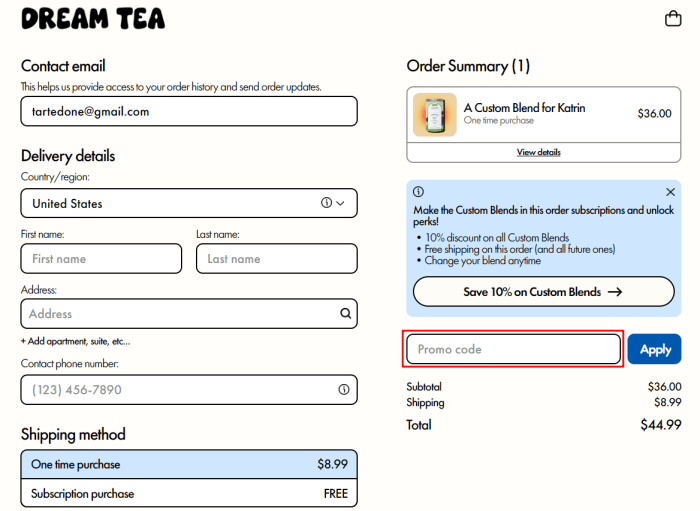 How to use Dream Tea promo code