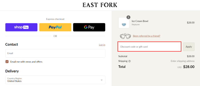 How to use East Fork promo code