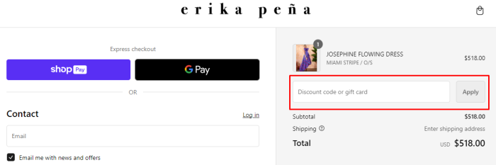 How to use ERIKA PEÑA promo code