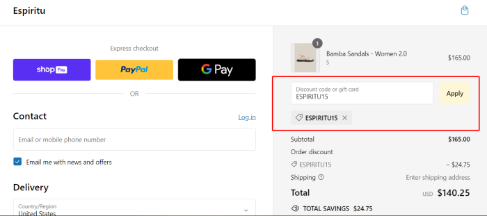 How to use Espiritu promo code