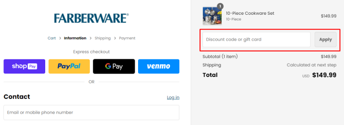 How to use Farberware Cookware promo code