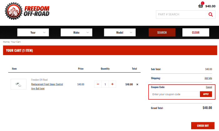 How to use Freedom Off-Road USA promo code