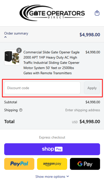 Where to enter Gate Operators Direct USA promo code How to use Gate Operators Direct USA promo code
