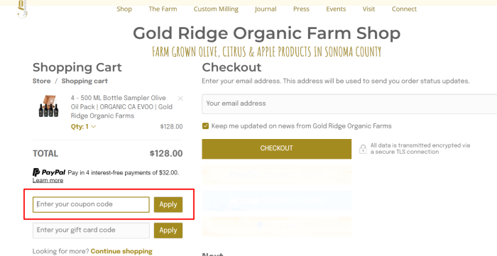 How to use Gold Ridge Organic Farms promo code