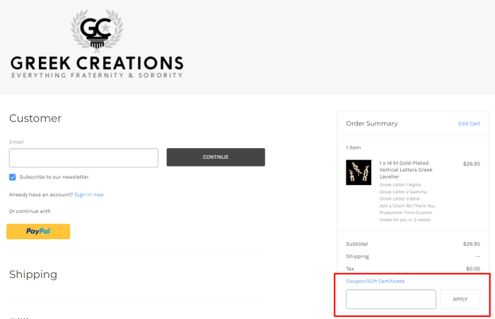 How to use Greek Creations promo code