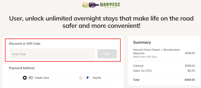 How to use Harvest Hosts promo code