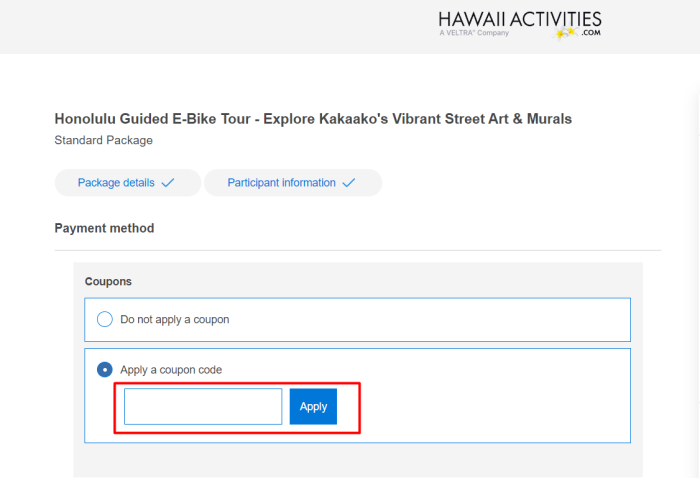 How to use HawaiiActivities.com promo code