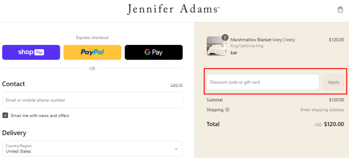 How to use Jennifer Adams promo code