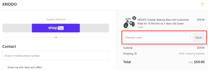 How to use KRIDDO promo code