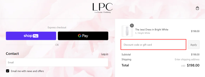 How to use La Peony Clothing promo code