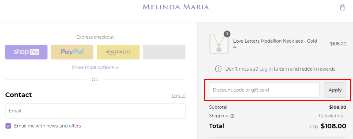 How to use Melinda Maria promo code