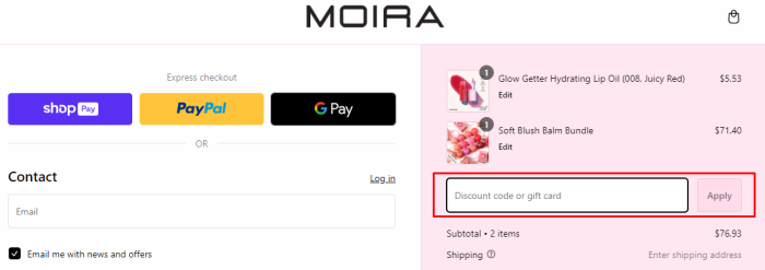 How to use Moira Beauty promo code