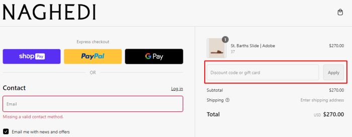 How to use NAGHEDI promo code