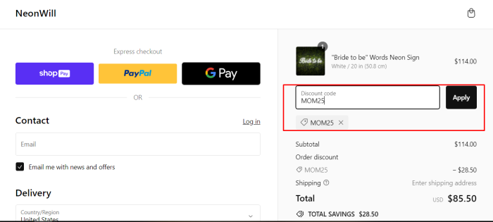 How to use NeonWill promo code