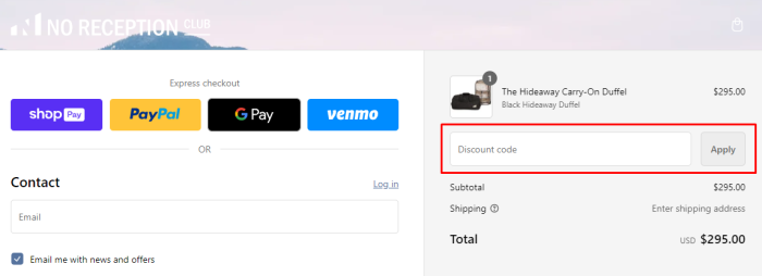 How to use No Reception Club promo code
