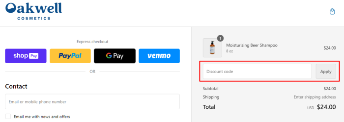 How to use Oakwell Cosmetics promo code