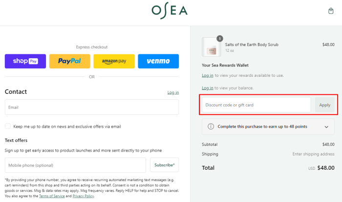 How to use OSEA Malibu promo code