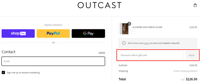 How to use Outcast Clothing promo code