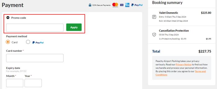 How to use Peachy Airport Parking promo code
