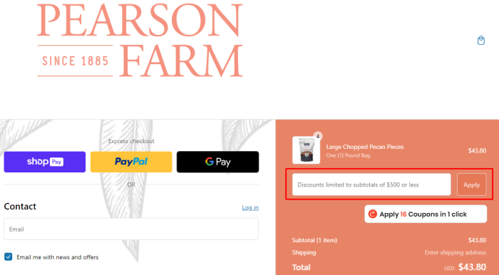 How to use Pearson Farm promo code