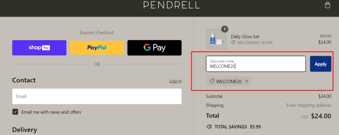 How to use PENDRELL promo code