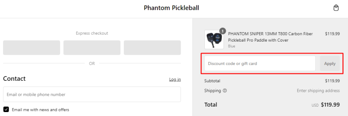 How to use Phantom Pickleball promo code