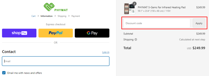 How to use PHYMAT promo code
