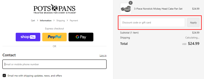 How to use PotsandPans.com promo code