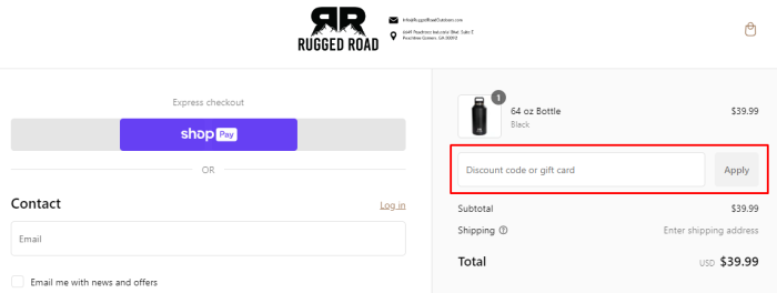 How to use Rugged Road Outdoors promo code