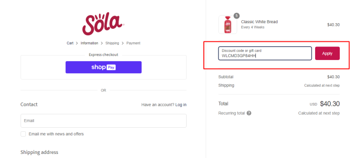 How to use Sola promo code