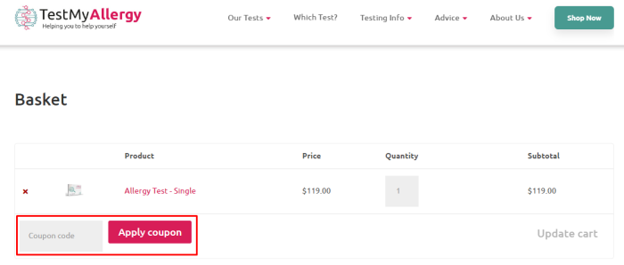 How to use Test My Allergy promo code