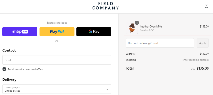 How to use The Field Company promo code