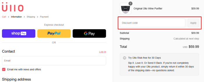 Where to enter Üllo promo code How to use Üllo promo code